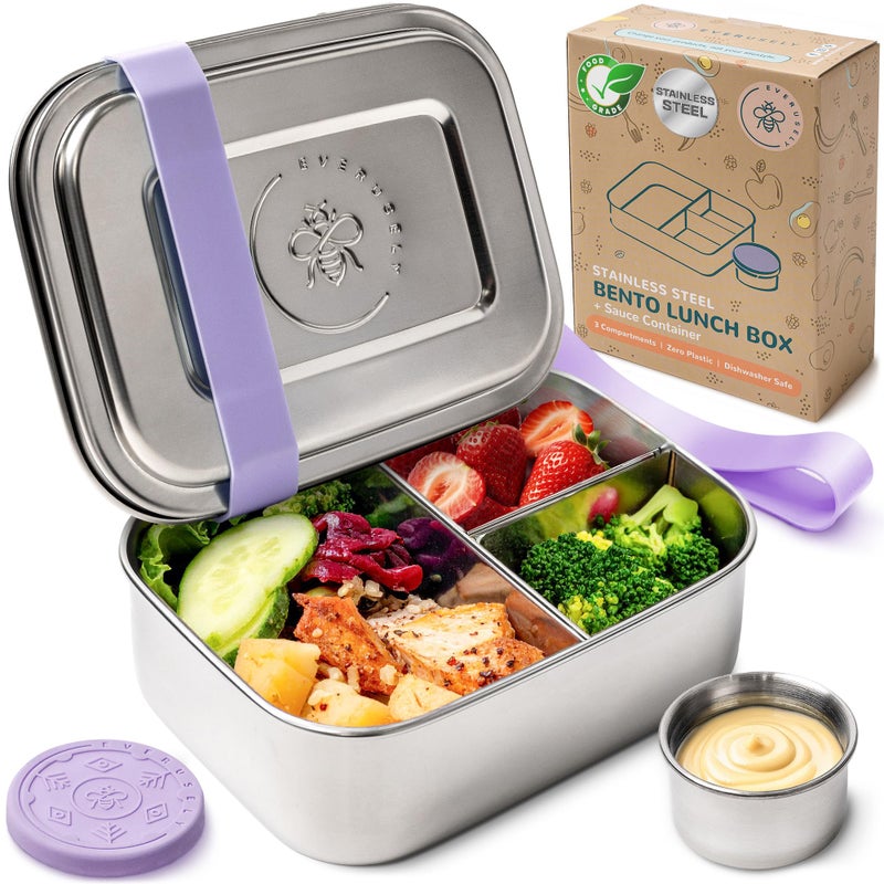 Everusely - Bento Box - Lavender, 27oz / 0.8 L - Stainless Steel Lunch Box with Leakproof Condiment Container - 3 Compartment Snack Organizer for On the Go Meals - Freezer & Dishwasher Safe - Image 1