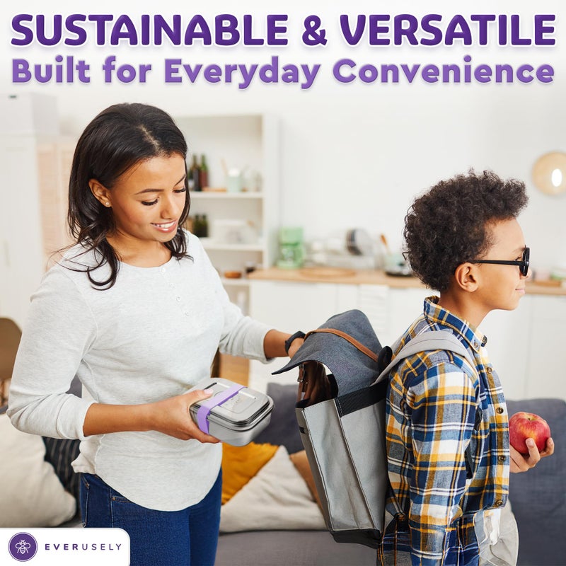 Everusely - Bento Box - Lavender, 27oz / 0.8 L - Stainless Steel Lunch Box with Leakproof Condiment Container - 3 Compartment Snack Organizer for On the Go Meals - Freezer & Dishwasher Safe - Image 3
