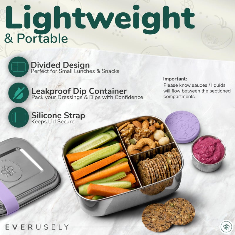 Everusely - Bento Box - Lavender, 27oz / 0.8 L - Stainless Steel Lunch Box with Leakproof Condiment Container - 3 Compartment Snack Organizer for On the Go Meals - Freezer & Dishwasher Safe - Image 4