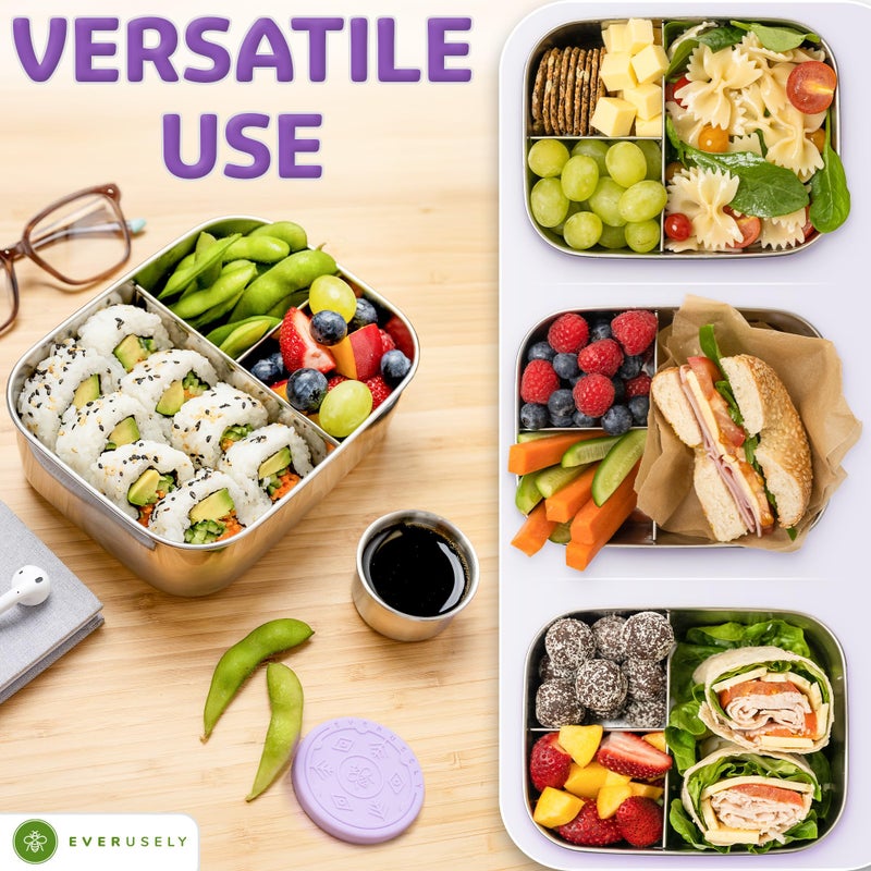Everusely - Bento Box - Lavender, 27oz / 0.8 L - Stainless Steel Lunch Box with Leakproof Condiment Container - 3 Compartment Snack Organizer for On the Go Meals - Freezer & Dishwasher Safe - Image 5