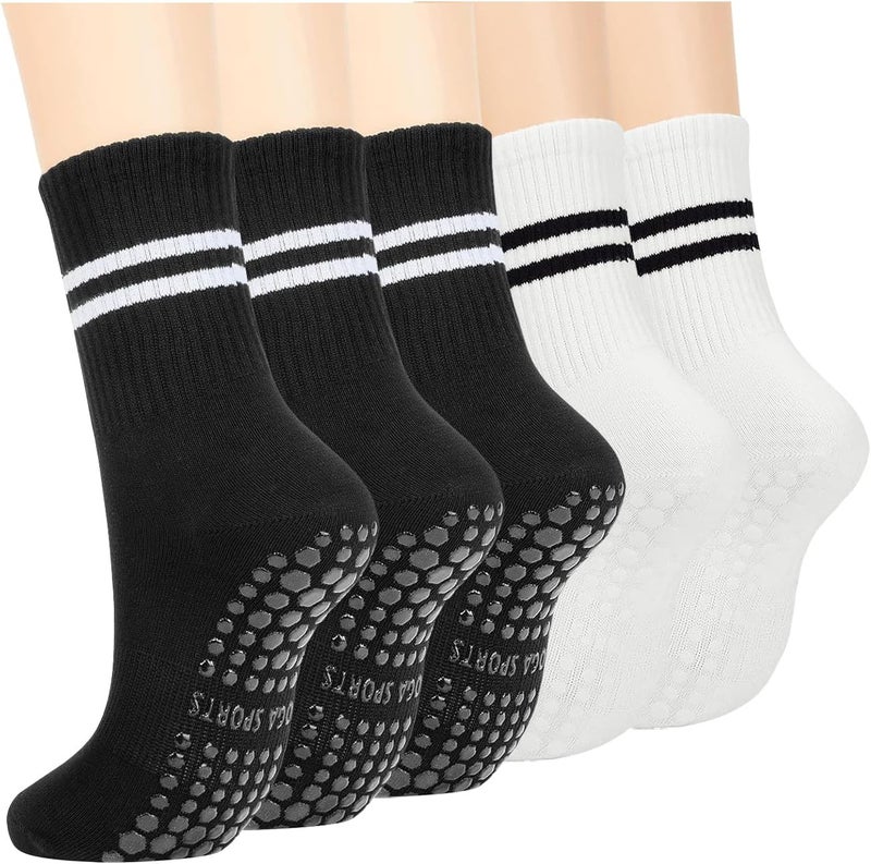 PUJANE 5 Pairs Grip Pilates Socks for Women, Non Slip Yoga Athletic Long Crew Socks for Barre Ballet Gym Workout - Image 1
