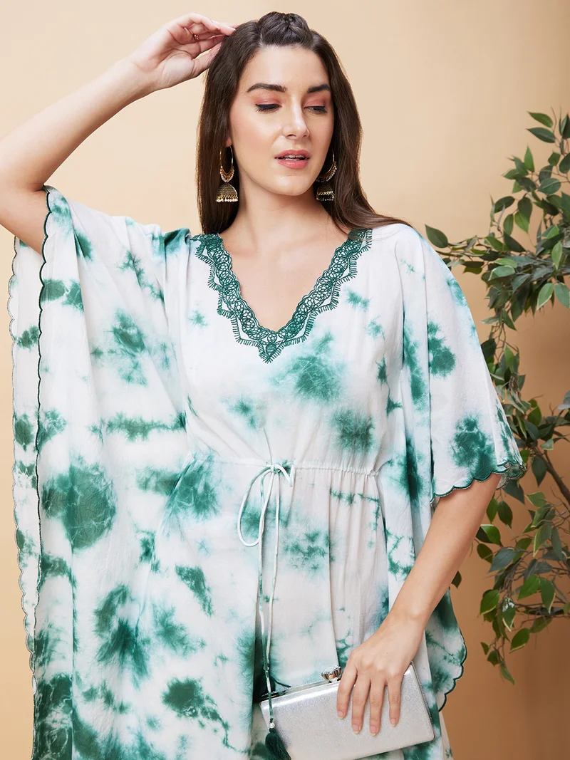 Women Tie & Dye V-Neck Kimono Sleeve Cotton Kaftan Kurta