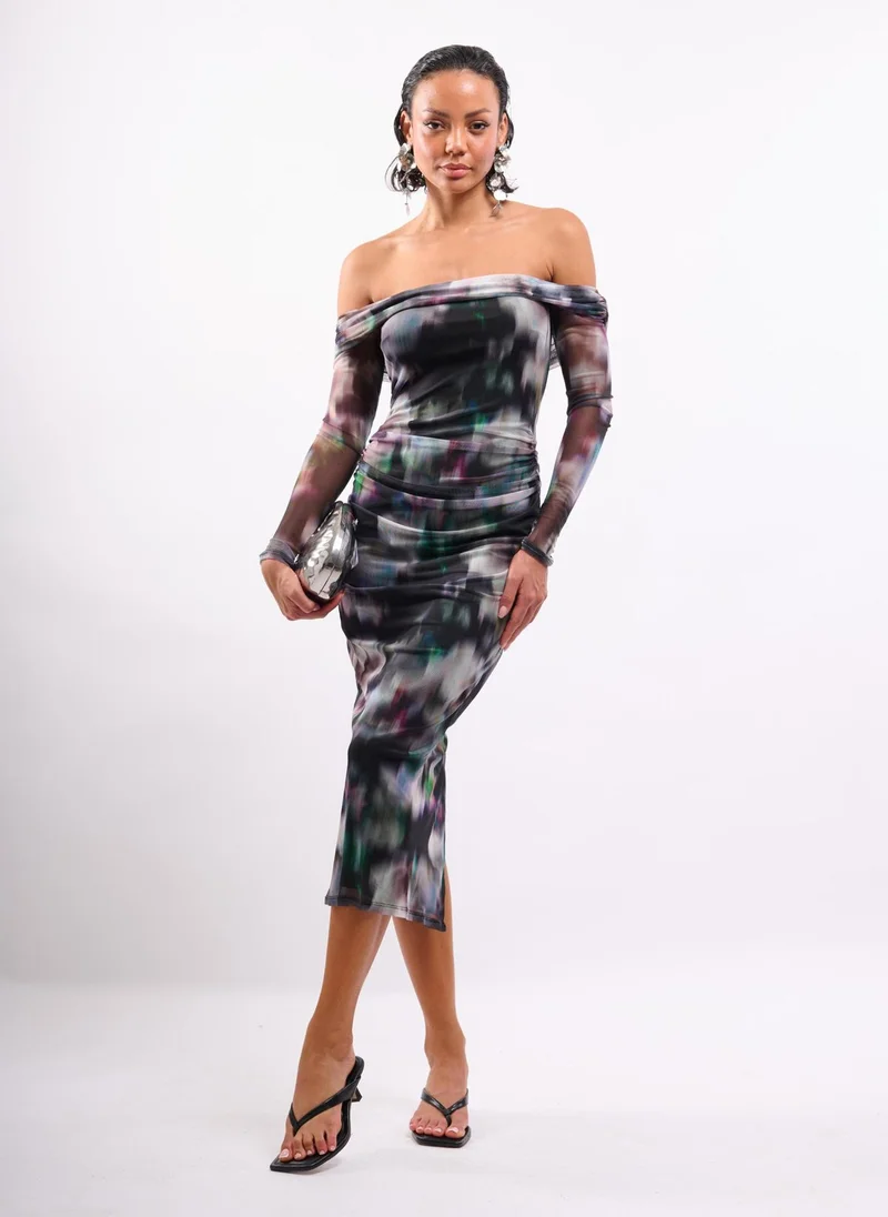 BARDOT RUCHED MESH MIDI IN ABSTRACT PRINT