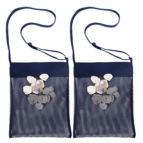 RIMOBUL Sand Away Beach Treasures Seashell Pocket Mesh Bags  Set of 2 Large Navy Blue