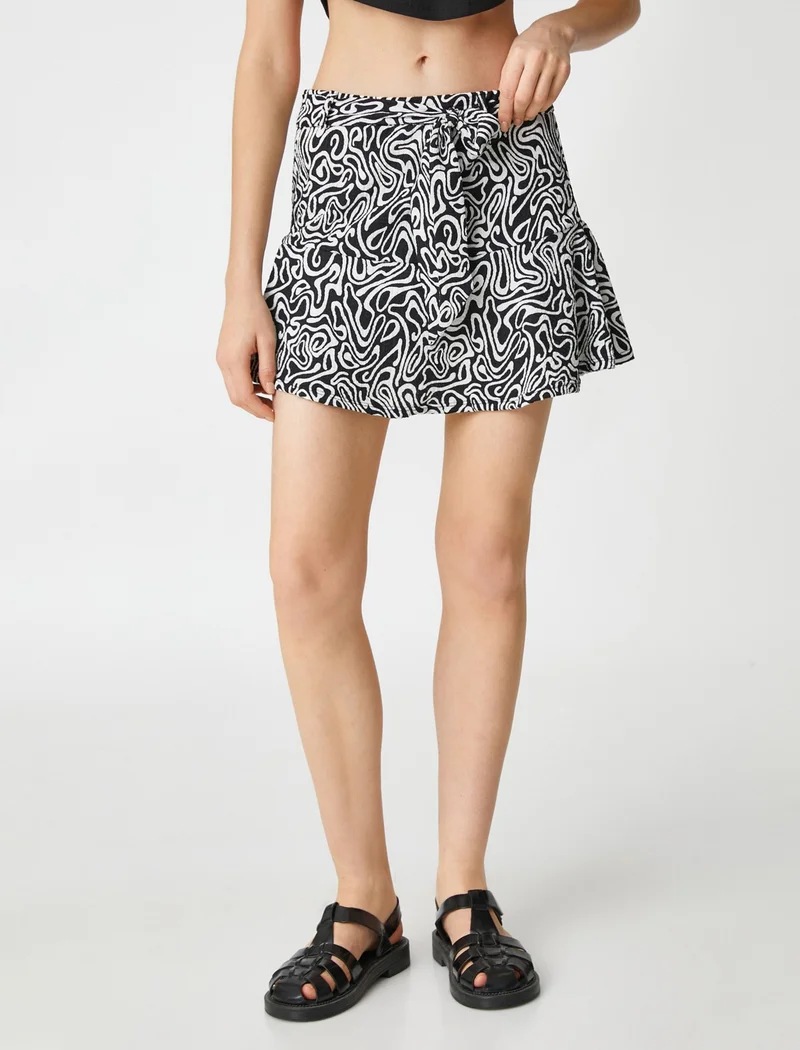KOTON Cotton Patterned Shorts Skirt Mini Waist Belted Ruffle
