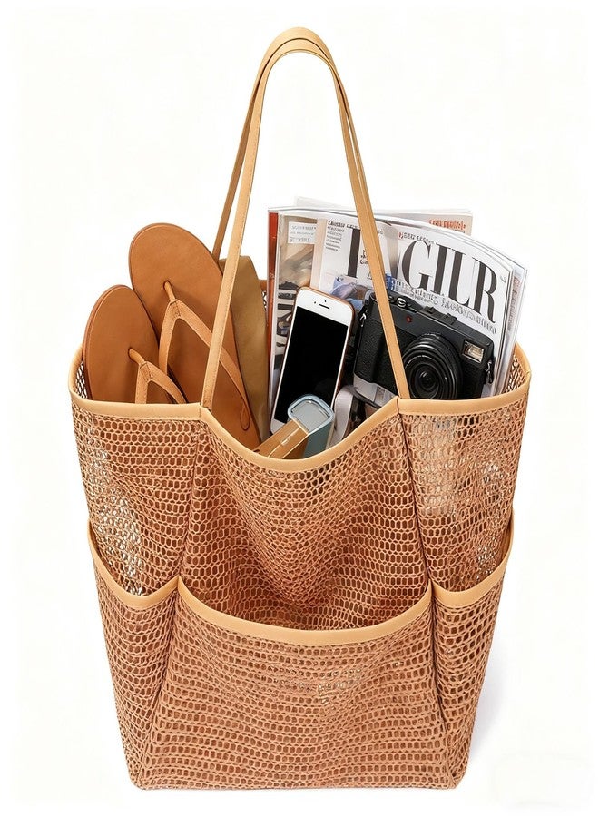 BESSKON Large Beach Bags for Women, Mesh Beach Tote with Zipper, Foldable Pool Tote Bag Travel Beachbag Waterproof Sandproof, Khaki, Large, Casual Beach - Image 4