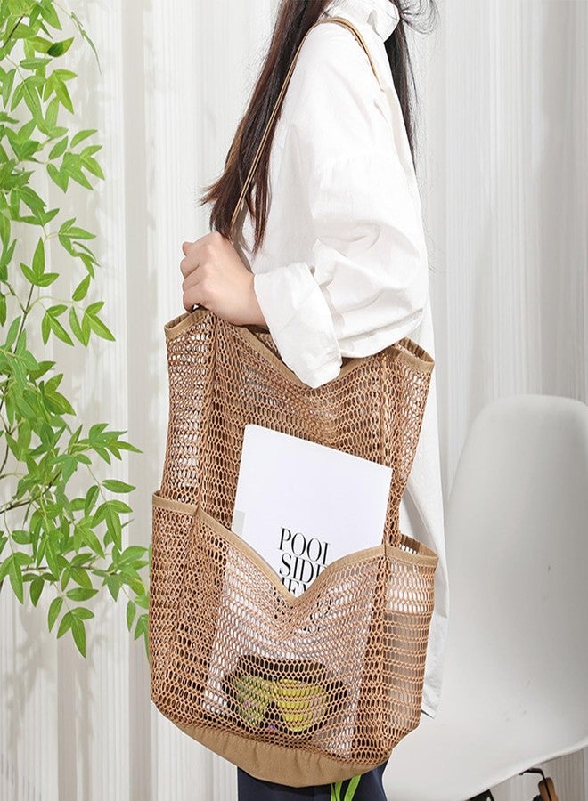 BESSKON Large Beach Bags for Women, Mesh Beach Tote with Zipper, Foldable Pool Tote Bag Travel Beachbag Waterproof Sandproof, Khaki, Large, Casual Beach - Image 2