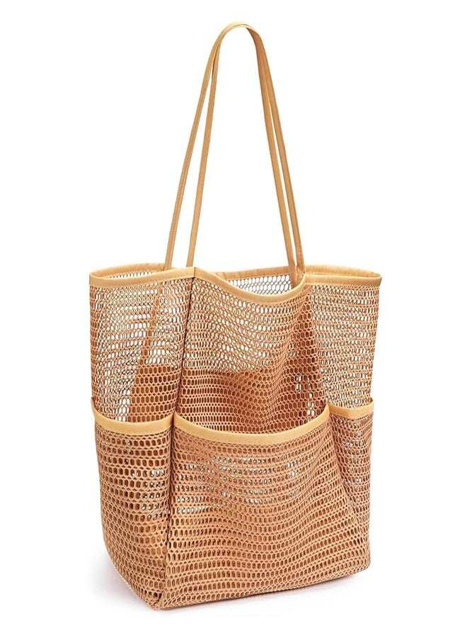 BESSKON Large Beach Bags for Women, Mesh Beach Tote with Zipper, Foldable Pool Tote Bag Travel Beachbag Waterproof Sandproof, Khaki, Large, Casual Beach - Image 1