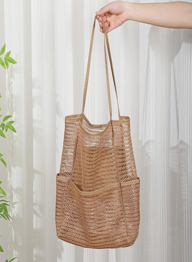 BESSKON Large Beach Bags for Women, Mesh Beach Tote with Zipper, Foldable Pool Tote Bag Travel Beachbag Waterproof Sandproof, Khaki, Large, Casual Beach - Image 3