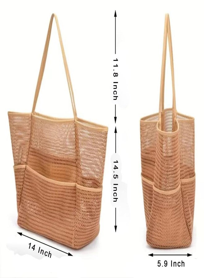 BESSKON Large Beach Bags for Women, Mesh Beach Tote with Zipper, Foldable Pool Tote Bag Travel Beachbag Waterproof Sandproof, Khaki, Large, Casual Beach - Image 5