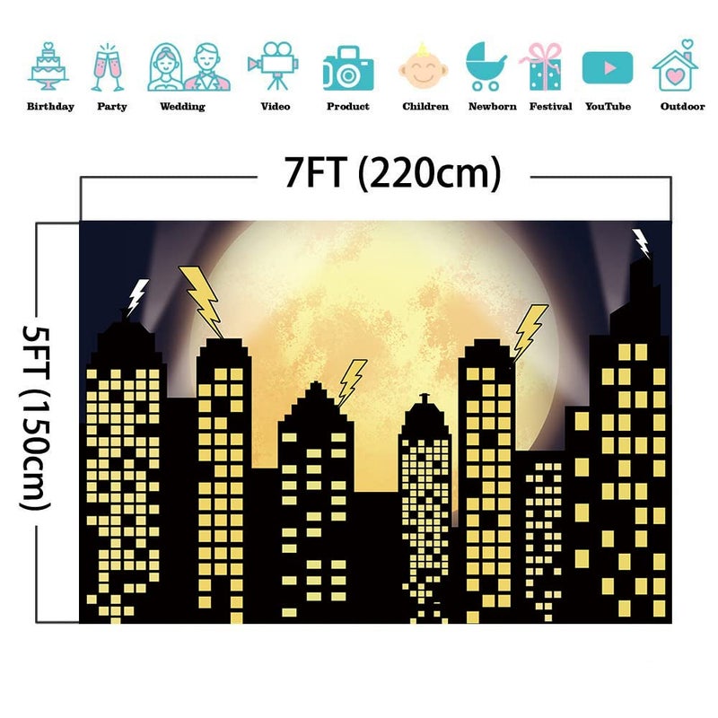 Yongqian Superhero Super City Photography Backdrops Skyline Buildings City Boom Full Moon Bat Photo Background Children Birthday Party Banner Photo Studio Booth Cake Table Decor 7x5ft Vinyl - Image 4