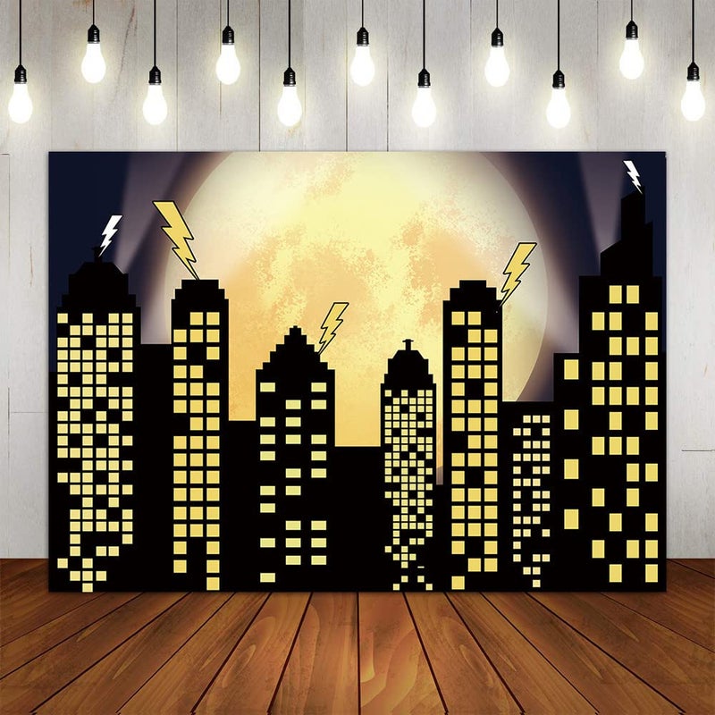 Yongqian Superhero Super City Photography Backdrops Skyline Buildings City Boom Full Moon Bat Photo Background Children Birthday Party Banner Photo Studio Booth Cake Table Decor 7x5ft Vinyl - Image 2