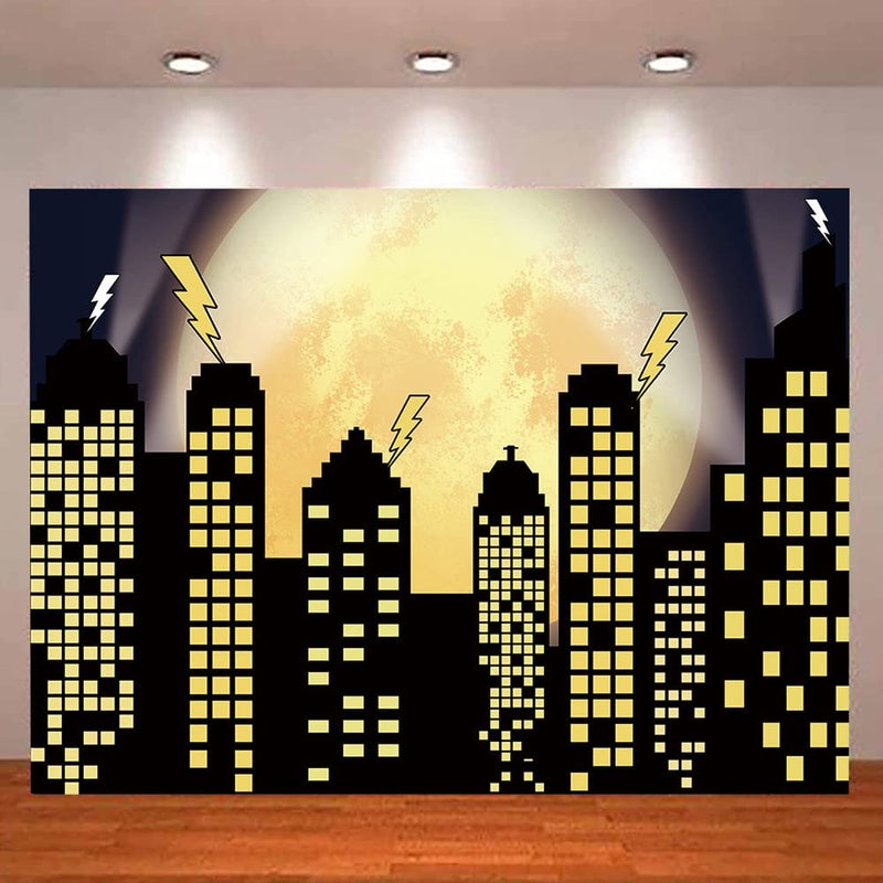 Yongqian Superhero Super City Photography Backdrops Skyline Buildings City Boom Full Moon Bat Photo Background Children Birthday Party Banner Photo Studio Booth Cake Table Decor 7x5ft Vinyl - Image 3