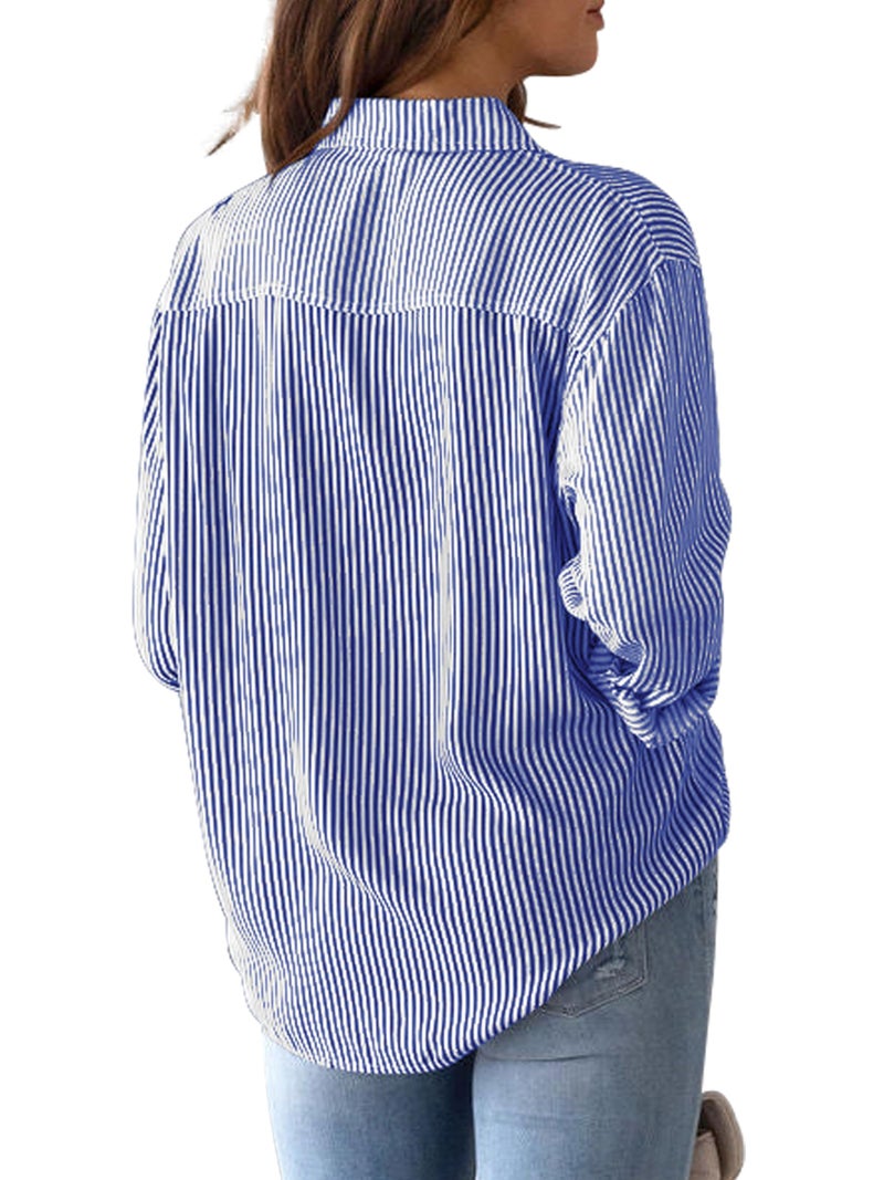 CUNLIN Navy Blue Shirt Women Blouse Button Down Up Striped Long Sleeve Shirts for Tops Cotton Womens Work Top Blouses Navy Blue Size L - Image 2