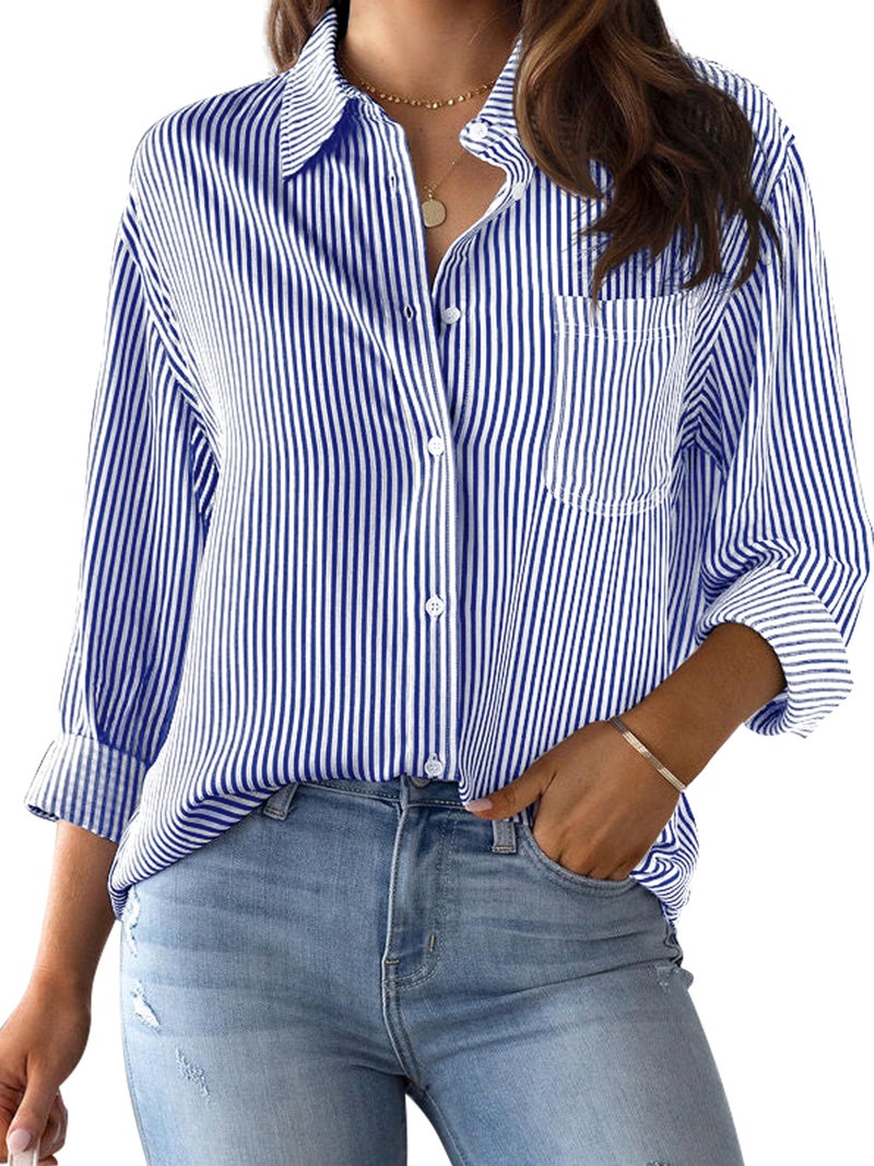 CUNLIN Navy Blue Shirt Women Blouse Button Down Up Striped Long Sleeve Shirts for Tops Cotton Womens Work Top Blouses Navy Blue Size L - Image 1