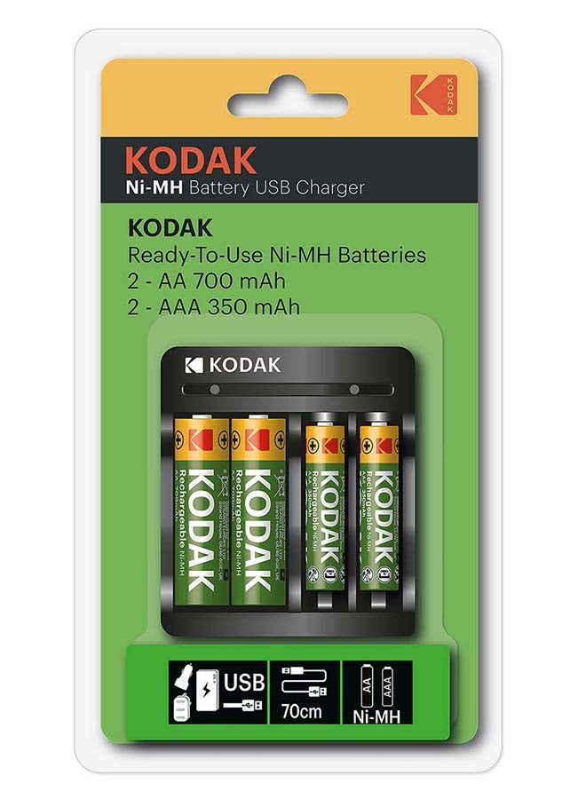 Kodak KODAK | Rechargeable AA & AAA Batteries & USB Charger | Includes 2x Double A Batteries 700 mAh & 2x Triple A Batteries 350 mAh  - Image 1