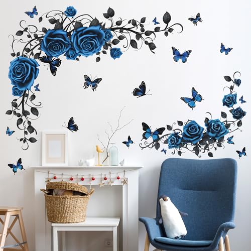 Buiory Removable Blue Floral Rose Wall Decor 3D Peel and Stick Flower Vine Black Plants Vines Leaf Wall Stickers Flying Butterfly Wall Decals for Kids Girls Baby Bedroom Nursery Living Room (Blue) - Image 1