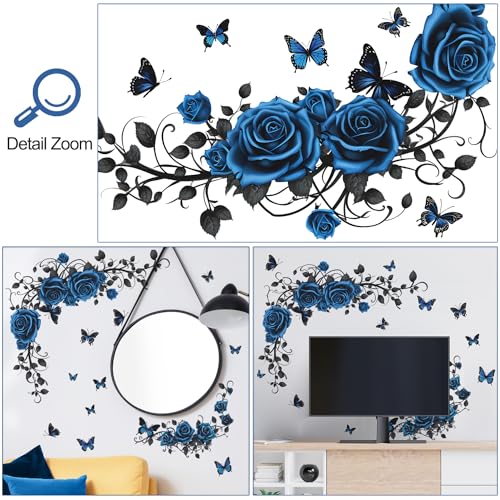 Buiory Removable Blue Floral Rose Wall Decor 3D Peel and Stick Flower Vine Black Plants Vines Leaf Wall Stickers Flying Butterfly Wall Decals for Kids Girls Baby Bedroom Nursery Living Room (Blue) - Image 3