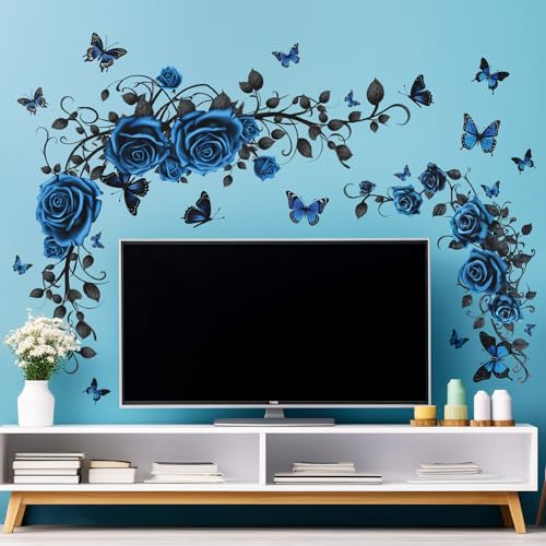 Buiory Removable Blue Floral Rose Wall Decor 3D Peel and Stick Flower Vine Black Plants Vines Leaf Wall Stickers Flying Butterfly Wall Decals for Kids Girls Baby Bedroom Nursery Living Room (Blue) - Image 5