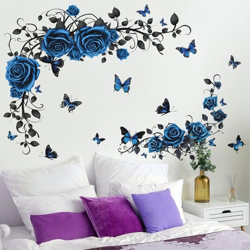 Buiory Removable Blue Floral Rose Wall Decor 3D Peel and Stick Flower Vine Black Plants Vines Leaf Wall Stickers Flying Butterfly Wall Decals for Kids Girls Baby Bedroom Nursery Living Room (Blue) - Image 4