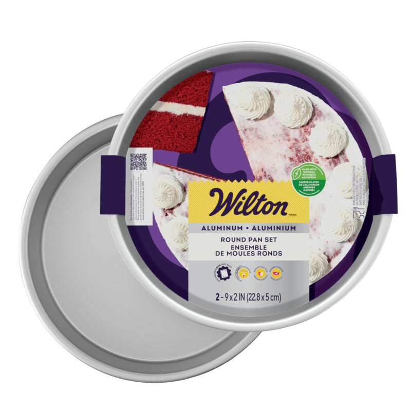 Wilton طقم قوالب كعك دائري من ويلتون من الألمنيوم 2 قطعة متين ومؤكسد لخبز الكعك متعدد الطبقات تسخين متساوي مقاوم للصدأ قوالب كعك احترافية 9 × 2 بوصة قد يختلف التعبئة والتغليف
