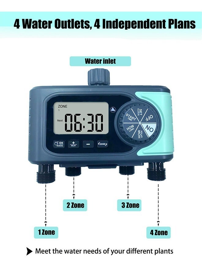 مؤقت مياه 4 مناطق لخرطوم الحديقة - مؤقتات خرطوم لـ 4 مآخذ لري الأراضي مع تأخير للمطر / يدوي / نظام تحكم ري محدد زمنياً آلي - Image 4