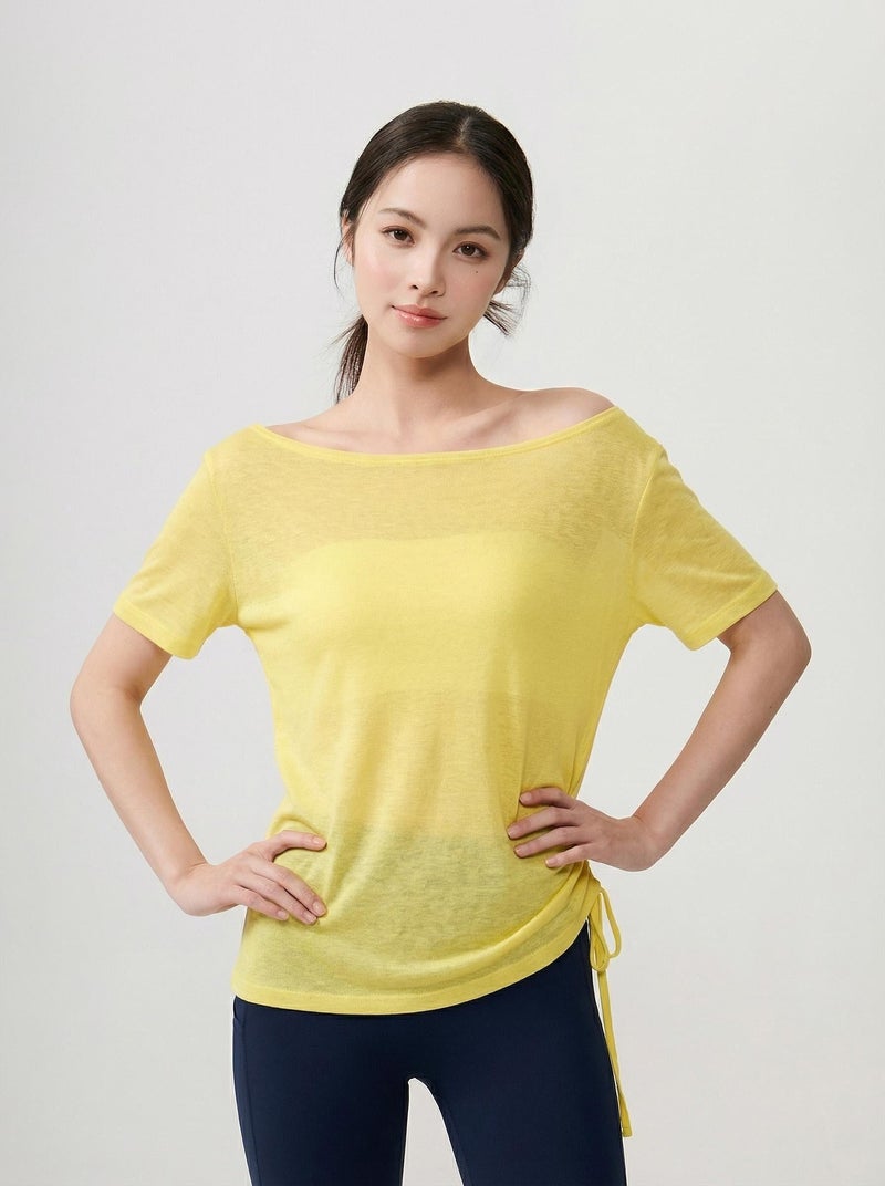 Lu Chuan Luchuan Boat Neck Off-Shoulder Loose Yoga Cover-Up Top Solid Color Summer Casual Athletic Tee for Women - Image 1