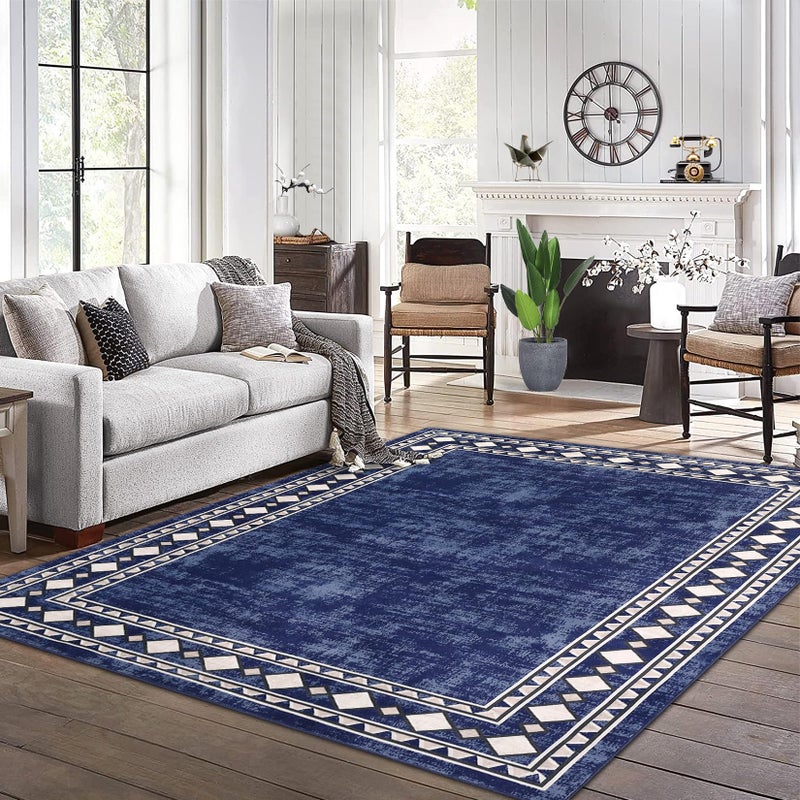 CAROMIO 8x10 Machine Washable Area Rug, Modern Bordered Stain Resistant Non-Slip Accent, Minimalist Floor Cover for Living Room Decor, Navy - Image 2