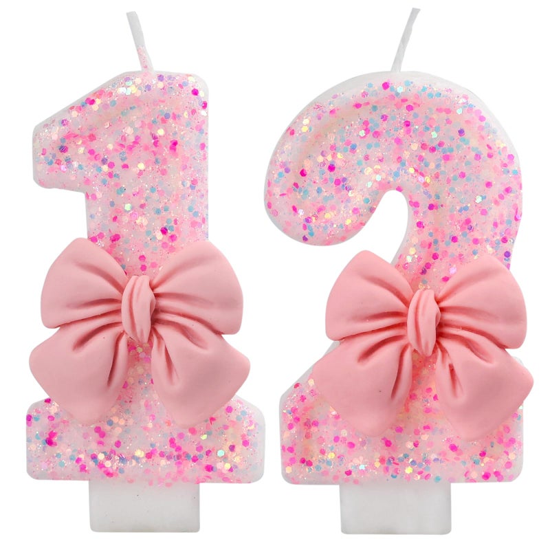 IQMLQV Pink 12 Bow Candle,12 Birthday Candle Girls,12 Candles for 12th Birthday Cake,Pink Bow Birthday Decoration for Party Supplies - Image 1