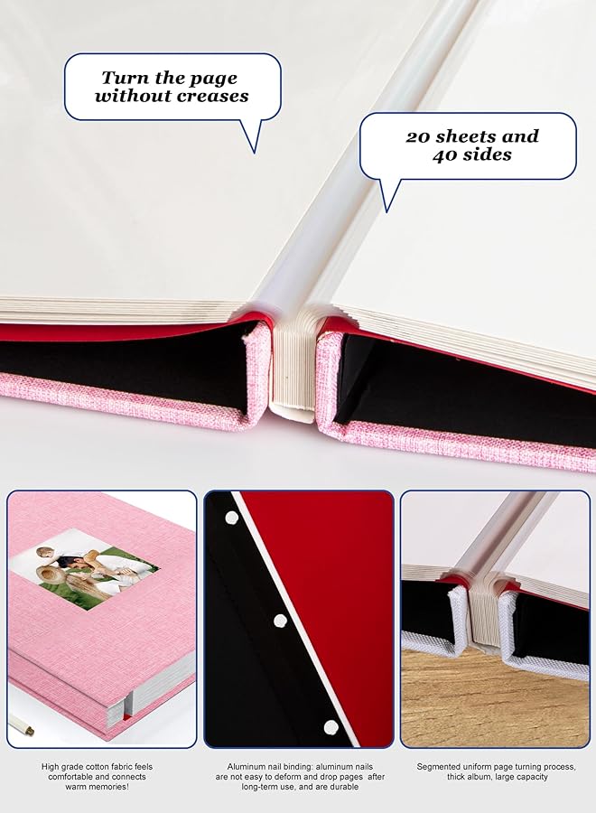 erorex Large Photo Album Scrapbook With Window Linen Self Adhesive Scrap Book Wedding Anniversary Birthday Valentines Day 28Cm X 27Cm 40 Blank Pages Memory Book With 1Pcs Pen Pink - Image 3
