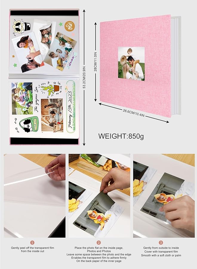 erorex Large Photo Album Scrapbook With Window Linen Self Adhesive Scrap Book Wedding Anniversary Birthday Valentines Day 28Cm X 27Cm 40 Blank Pages Memory Book With 1Pcs Pen Pink - Image 2