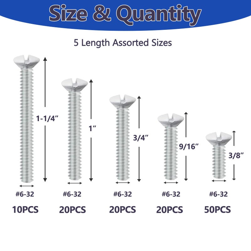Klfte 120 pcs Wall Plate Screws, White Outlet Screws 6-32 Thread Light Electrical Cover Panel Switch Plate Screws 5 Length Sizes (3/8", 9/16", 3/4", 1", 1.2") - Image 2