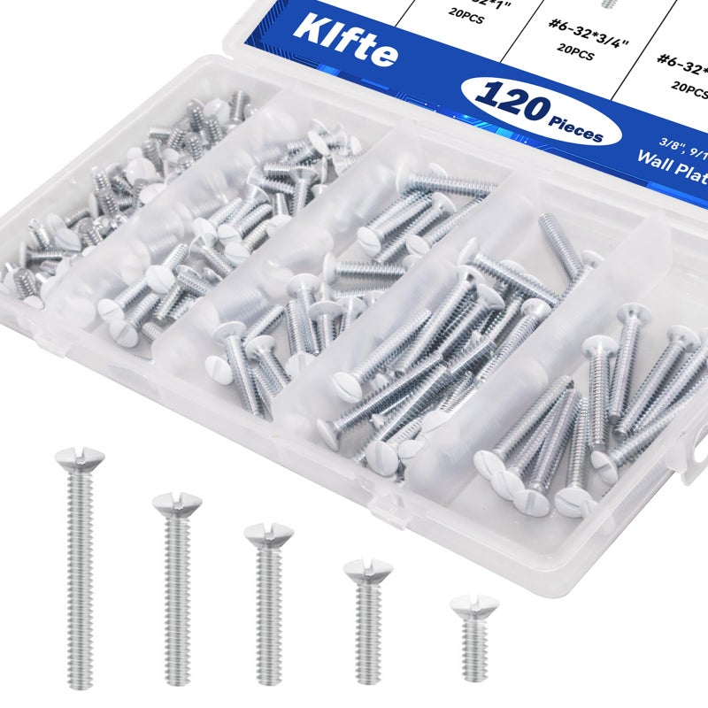 Klfte 120 pcs Wall Plate Screws, White Outlet Screws 6-32 Thread Light Electrical Cover Panel Switch Plate Screws 5 Length Sizes (3/8", 9/16", 3/4", 1", 1.2") - Image 1