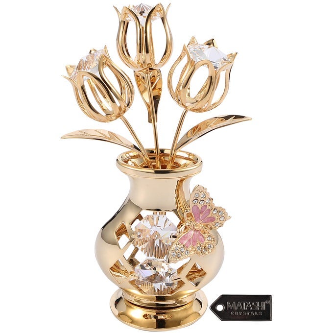 VALENTINES DAY GIFT FOR WOMEN GIRLFRIEND CRYSTAL FLOWERS BOUQUET 24K GOLD PLATED FIGURINES TABLE CENTERPIECE GIFT FOR HER MOM DAUGHTER GRANDMA AUNT DECORATIVE BUTTERFLY STUDDED GIFT
