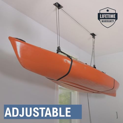 StoreYourBoard Kayak and Canoe Ceiling Hoist – Overhead Garage Storage Rack for Kayaks, Canoes, and Paddle Gear – Heavy Duty Pulley System Indoor Ceiling Mount – Holds 150 lbs, 10 to 14 ft High Spaces - Image 2
