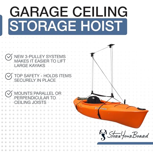 StoreYourBoard Kayak and Canoe Ceiling Hoist – Overhead Garage Storage Rack for Kayaks, Canoes, and Paddle Gear – Heavy Duty Pulley System Indoor Ceiling Mount – Holds 150 lbs, 10 to 14 ft High Spaces - Image 4