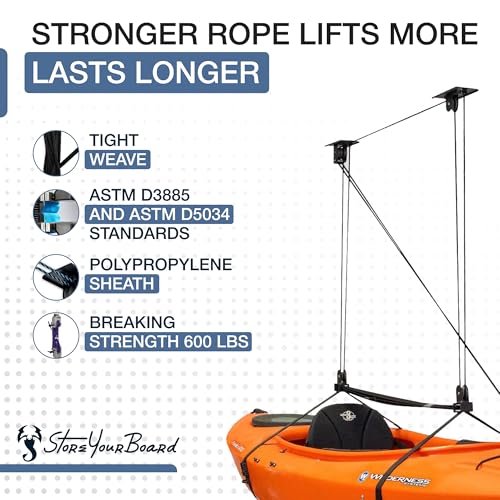 StoreYourBoard Kayak and Canoe Ceiling Hoist – Overhead Garage Storage Rack for Kayaks, Canoes, and Paddle Gear – Heavy Duty Pulley System Indoor Ceiling Mount – Holds 150 lbs, 10 to 14 ft High Spaces - Image 3