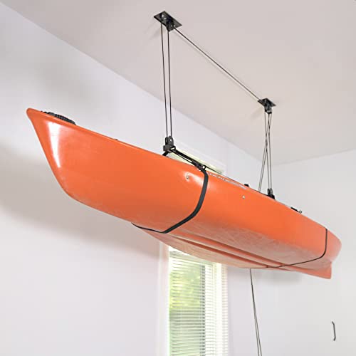 StoreYourBoard Kayak and Canoe Ceiling Hoist – Overhead Garage Storage Rack for Kayaks, Canoes, and Paddle Gear – Heavy Duty Pulley System Indoor Ceiling Mount – Holds 150 lbs, 10 to 14 ft High Spaces - Image 1