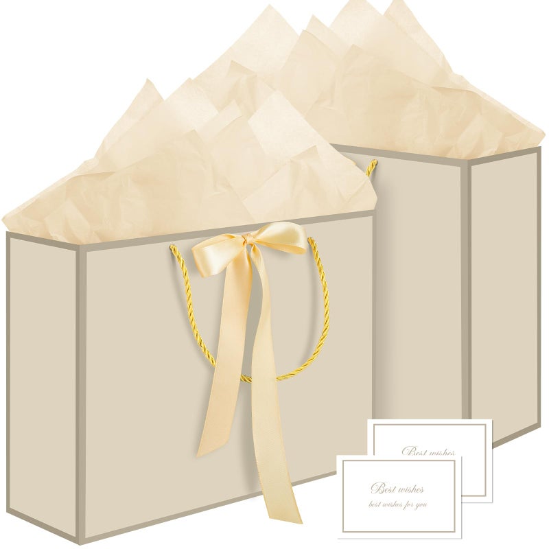 woric 2 Pcs Gift Bags with Handles, 14" Medium Gift Bag with 4 Tissue Paper & 2 Cards Gold Bag for Bridal Shower Wedding Mother's Day Baby Shower Birthday - Image 1