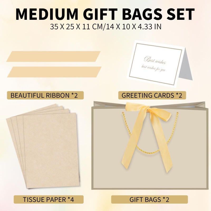 woric 2 Pcs Gift Bags with Handles, 14" Medium Gift Bag with 4 Tissue Paper & 2 Cards Gold Bag for Bridal Shower Wedding Mother's Day Baby Shower Birthday - Image 2