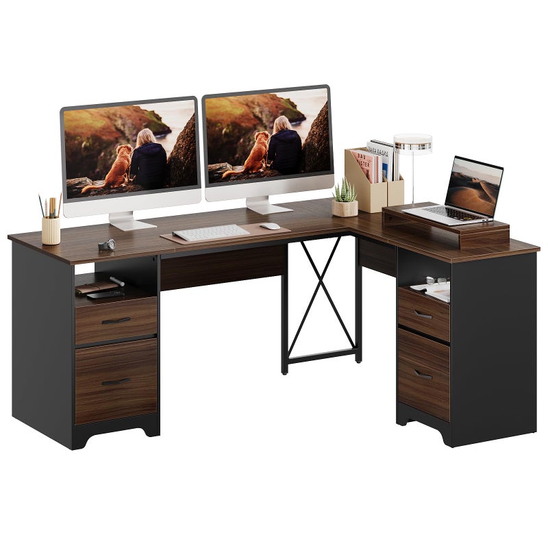 Bestier L Shaped Desk with 4 Drawers 63 x 47 Executive Desk with Open Storage Monitor Stand Corner Desk with 2 File Drawers Modesty Panel for Home Office Cherry