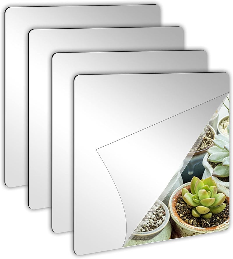 JUNEBRUSHS 4 Pack Self Adhesive Acrylic Mirror, 8 x 8 Inch Mirror Tiles,Flexible Plastic Mirror Sheets Wall Stickers,2MM Thick Mirrors - Image 1