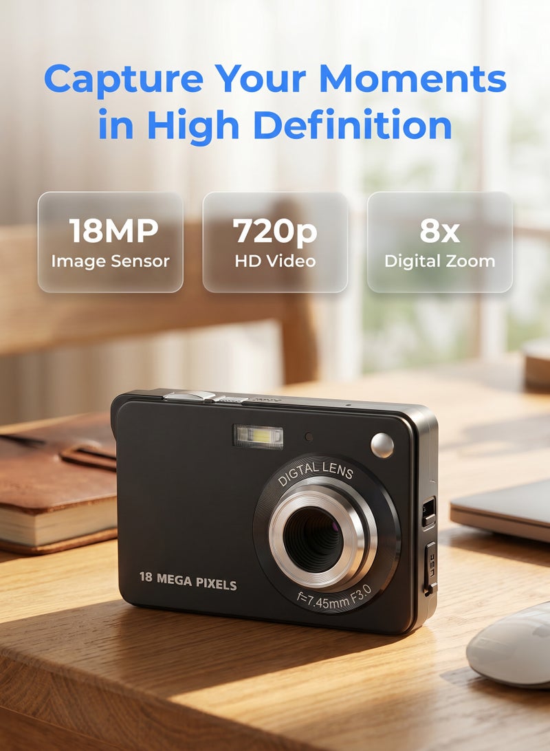 18MP Compact Digital Camera, 720P HD Video, 8X Zoom, Anti-Shake, 2.7" LCD - Portable Point & Shoot Camera for Travel, Students, Beginners - Image 1