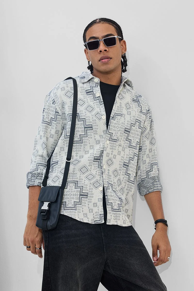 سنيتش Light Blue Geometric Long Sleeve Regular Fit Overshirt