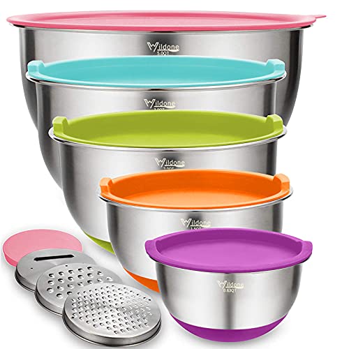 Wildone Mixing Bowls with Airtight Lids Set, 5PCS Stainless Steel Nesting Bowls for Kitchen, with Grater Attachments & Non-Slip Bottoms, Size 5, 3, 2, 1.5, 0.63 QT, for Baking & Serving (Colorful) - Image 1
