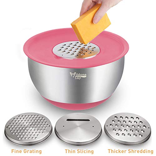 Wildone Mixing Bowls with Airtight Lids Set, 5PCS Stainless Steel Nesting Bowls for Kitchen, with Grater Attachments & Non-Slip Bottoms, Size 5, 3, 2, 1.5, 0.63 QT, for Baking & Serving (Colorful) - Image 3