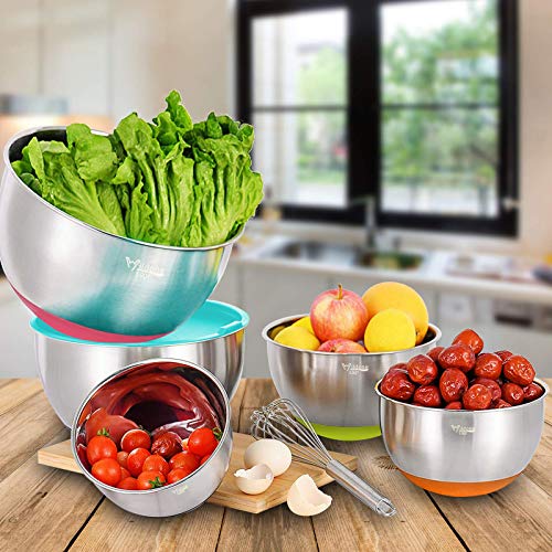 Wildone Mixing Bowls with Airtight Lids Set, 5PCS Stainless Steel Nesting Bowls for Kitchen, with Grater Attachments & Non-Slip Bottoms, Size 5, 3, 2, 1.5, 0.63 QT, for Baking & Serving (Colorful) - Image 4