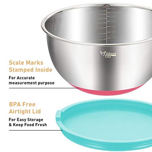 Wildone Mixing Bowls with Airtight Lids Set, 5PCS Stainless Steel Nesting Bowls for Kitchen, with Grater Attachments & Non-Slip Bottoms, Size 5, 3, 2, 1.5, 0.63 QT, for Baking & Serving (Colorful) - Image 2