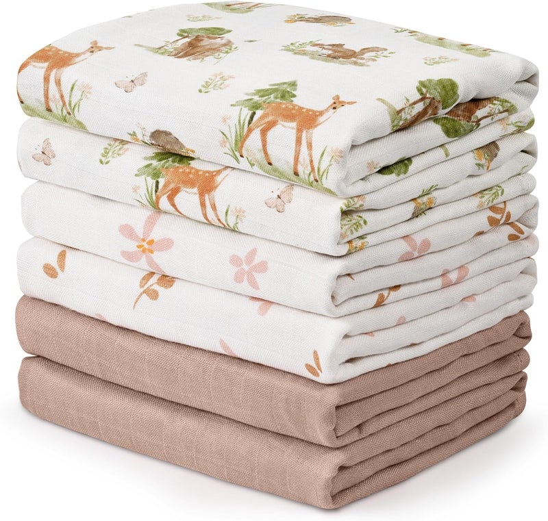 6 Pack Cotton Muslin Swaddle Blankets - Deer & Soft Light - Image 1