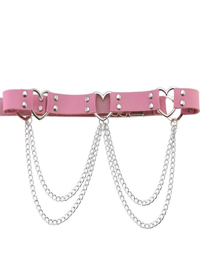 FM FM42 Pink PU Simulated Leather Rivets Love Heart Ring 2-Layer Chain Adjustable Waist Belt - Image 1